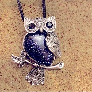 NEW Blue Goldstone and Metal Owl Necklace/Brooch
